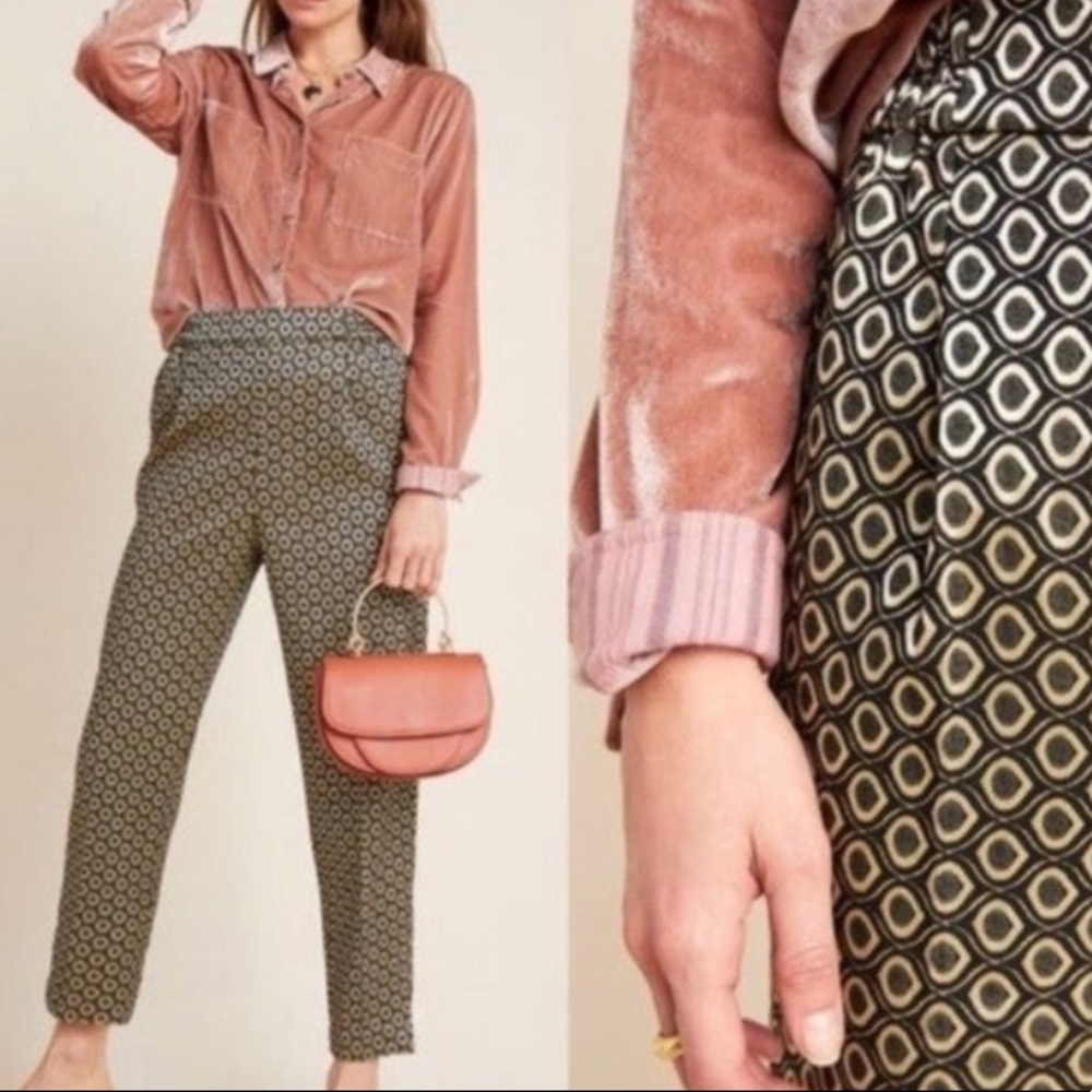 Anthropologie Gold Black Geometric Damask Jacquard Crop Ankle Dress Pants NWT